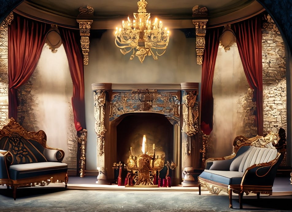 A grand stone fireplace with an antique chandelier