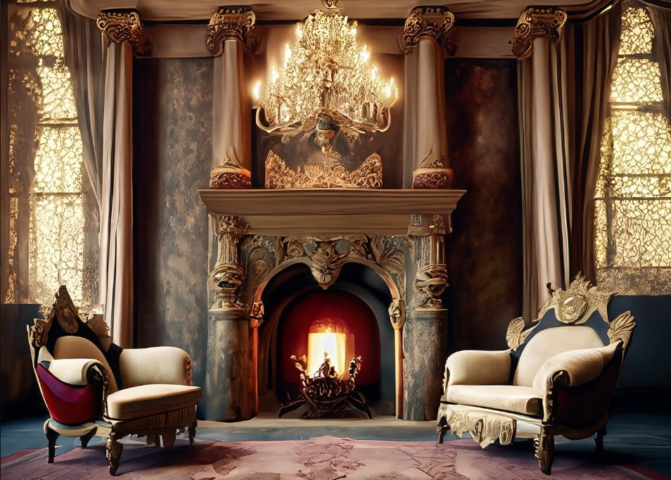 A grand stone fireplace with an antique chandelier